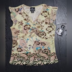 Angie Floral V-Neck Tank Top in Cream, Brown, Blue and Pink